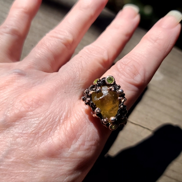 STUNNING raw large natural Citrine &Peridot sterling ring zs9 - Picture 11 of 11